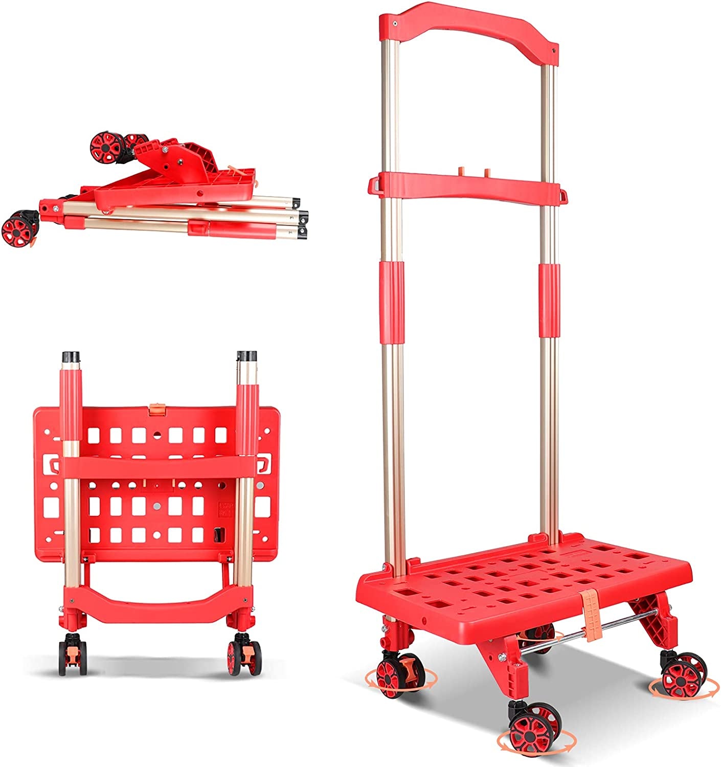 FELICON, Folding Hand Truck Portable Dolly Utility Cart Rolling Crate with 4 Rotate Double Wheels 80Kg/176Lbs Heavy Duty Adjustable Handle for Moving Shopping Grocery Travel Office Use(Red Swivel Wheel)