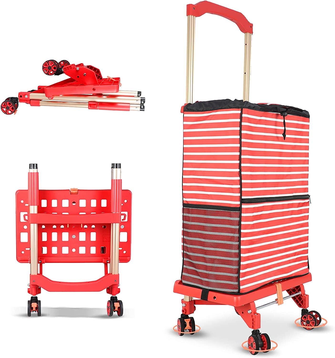 FELICON, Folding Hand Truck Portable Dolly Utility Cart Rolling Crate with 4 Rotate Wheels 80Kg/176Lbs Heavy Duty Handcart Removable Bag Telescoping Handle for Moving Shopping Grocery Office Use(Red&White)