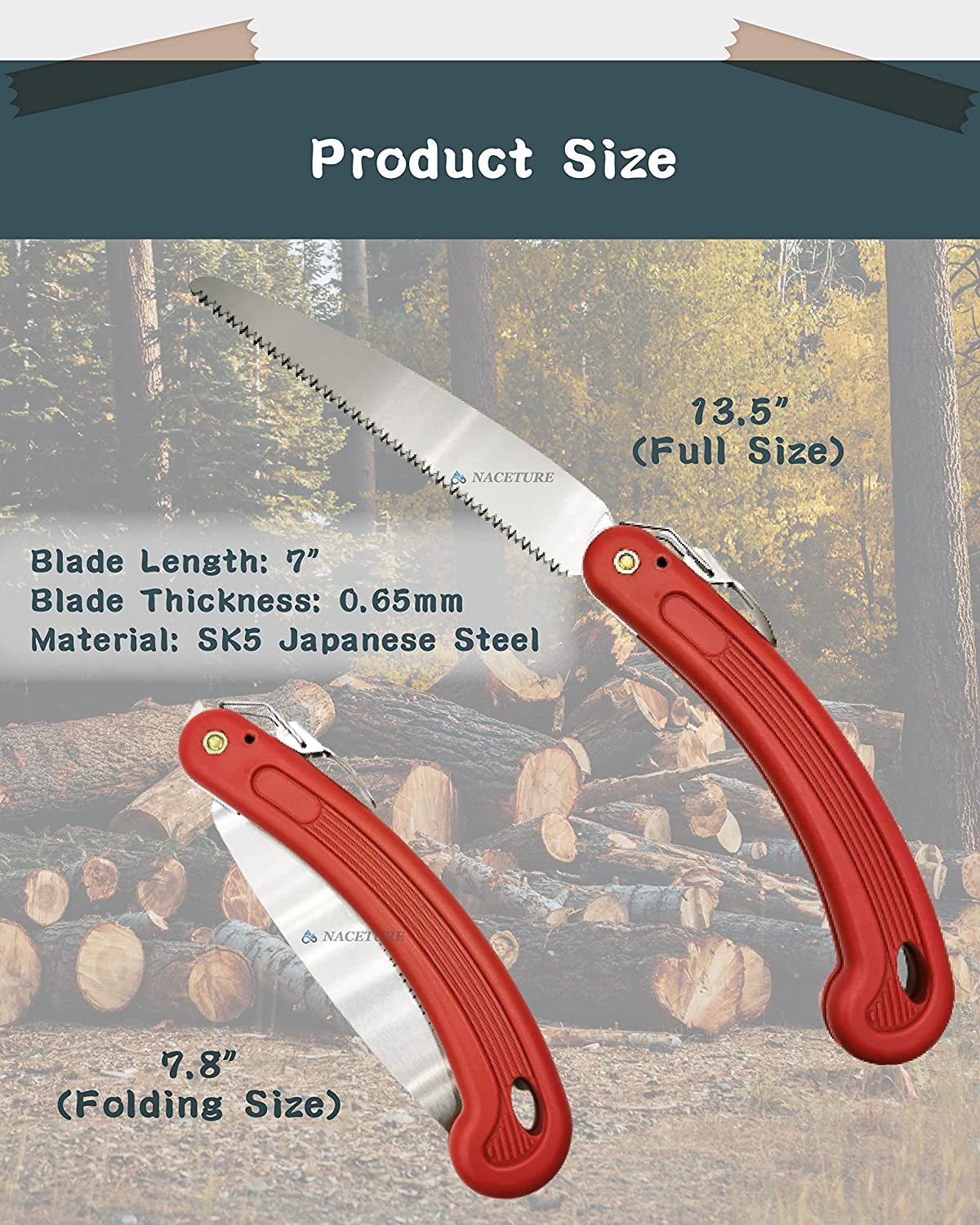 NACETURE, Folding Pruning Saw, Heavy Duty for Single-Hand Use - Hand Saw for Wood - Extra Long Blade Folding Saw SK-5 Steel Great for Tree Trimming (7 Inch(178Mm))