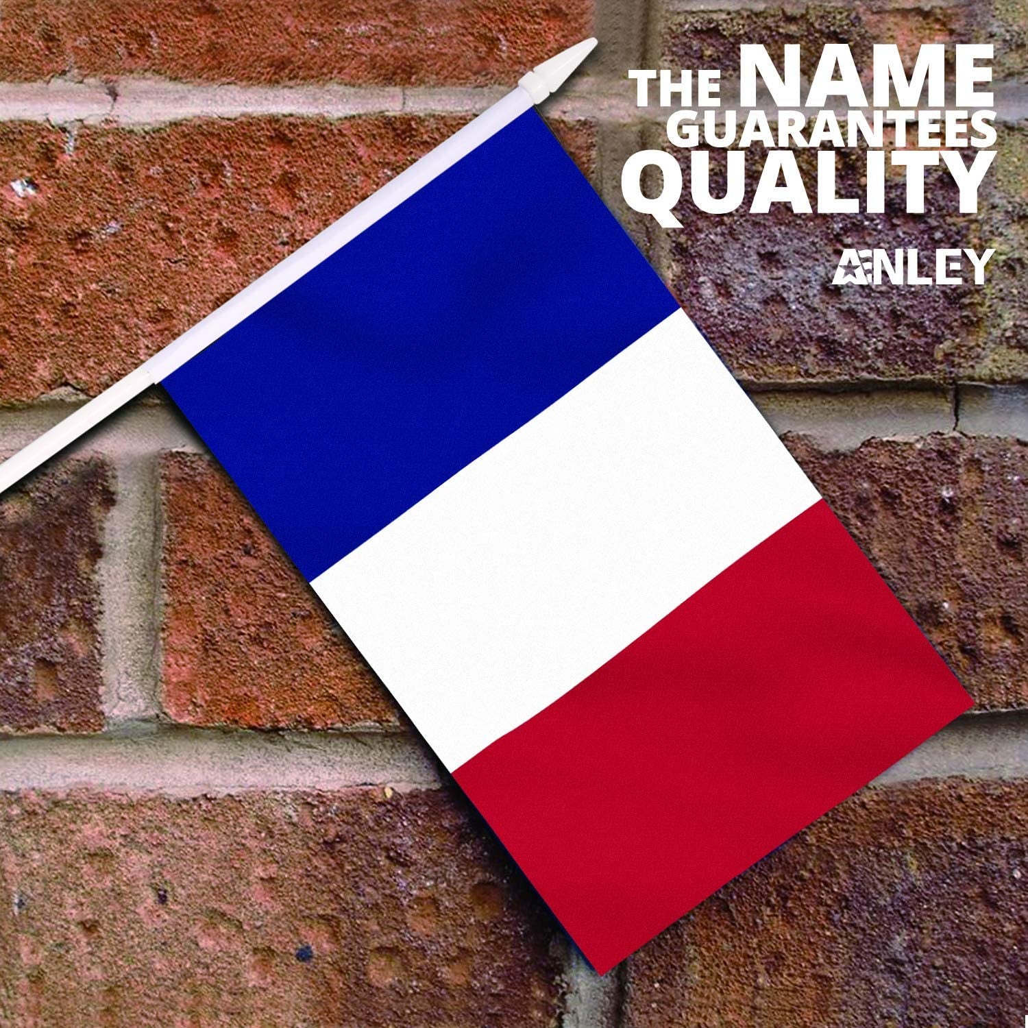 Anley, France Stick Flag, ANLEY French 5X8 Inch Handheld Mini Flag with 12" White Solid Pole - Vivid Color and Fade Resistant - 5 X 8 Inch Hand Held Stick Flags with Spear Top (1 Dozen)