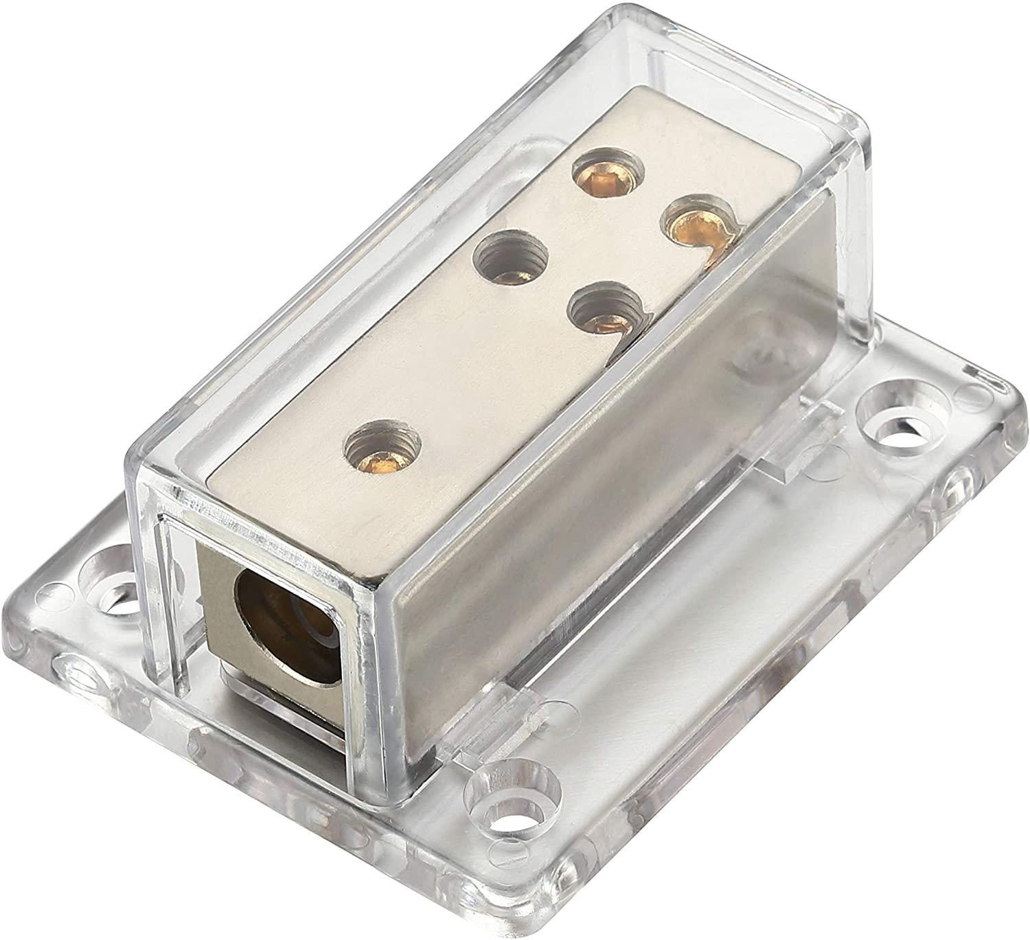 Freajoin, Freajoin 4/8/10 AWG Gauge Power Distribution Block 4 Gauge in - (4) 8/10 Gauge Out, Satin Nickle Plated Internal Material and High-Strength Clear Housing