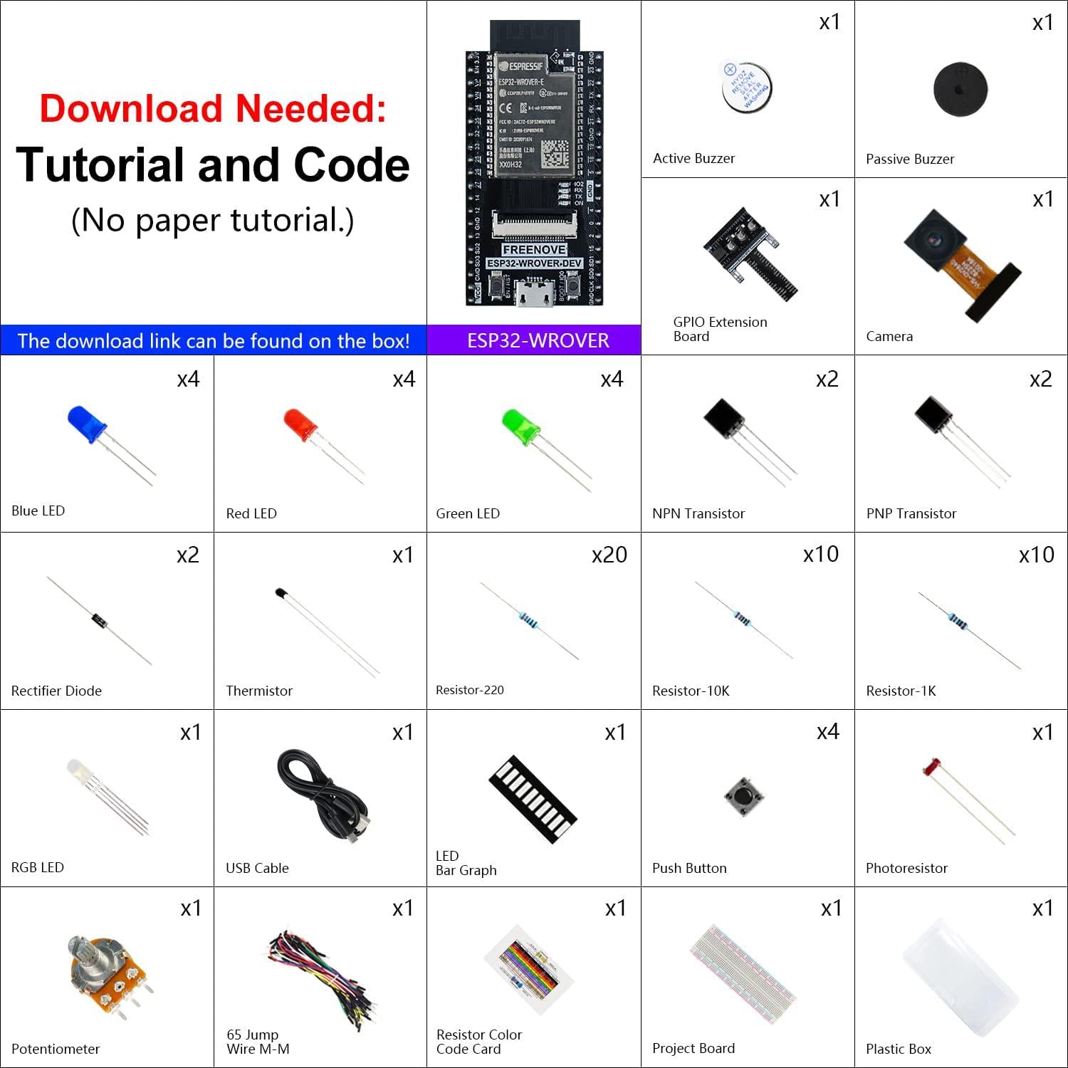 Freenove, Freenove Basic Starter Kit for ESP32-WROVER (Included) (Compatible with Arduino IDE), Onboard Camera Wireless, Python C, 401-Page Detailed Tutorial, 141 Items, 61 Projects