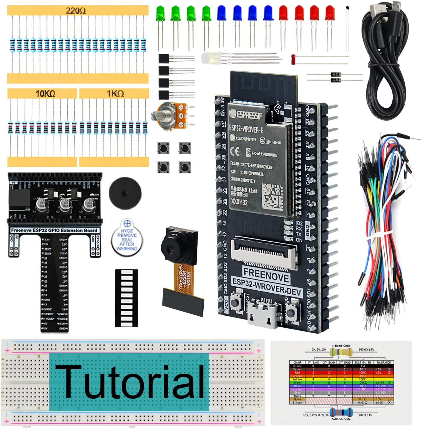 Freenove, Freenove Basic Starter Kit for ESP32-WROVER (Included) (Compatible with Arduino IDE), Onboard Camera Wireless, Python C, 401-Page Detailed Tutorial, 141 Items, 61 Projects