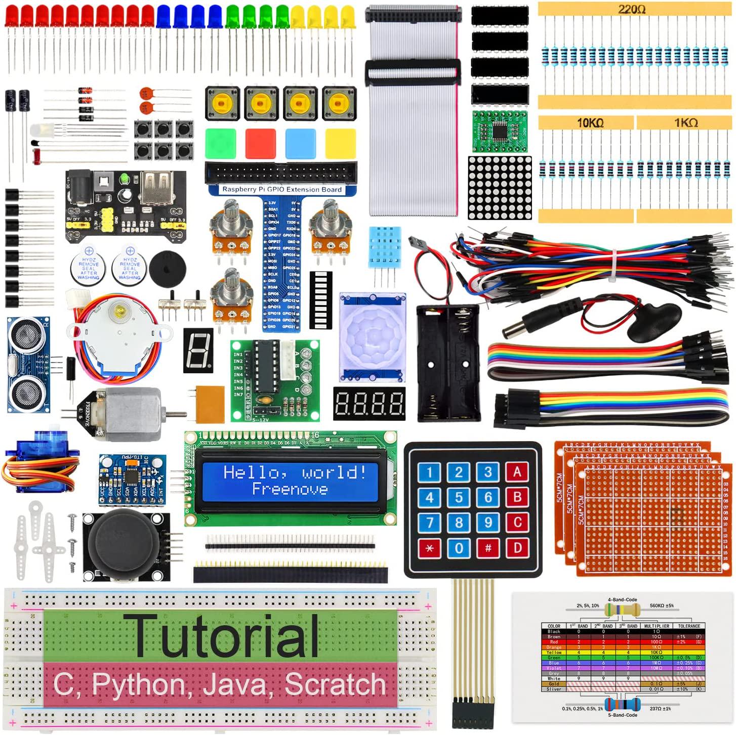 Freenove, Freenove Ultimate Starter Kit for Raspberry Pi 4 B 3 B+ 400, 558-Page Detailed Tutorial, Python C Java Scratch Code, 223 Items, 104 Projects