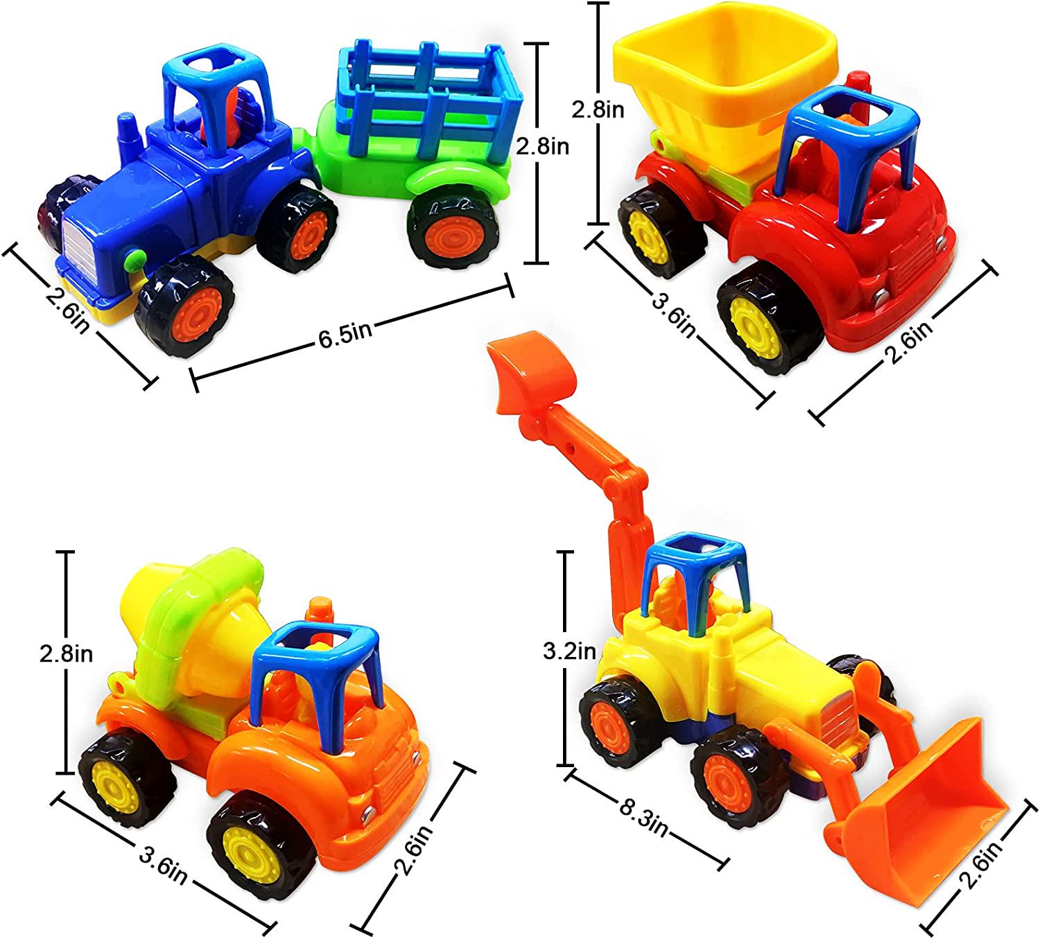 Obaba, Friction Powered Cars Toy Cars for 2,3 Year Push and Go Car Tractor Construction Vehicles Toy 4 Set Tractor, Bulldozer, Cement Mixer Truck, Dumper Early Education for Toddler Boy