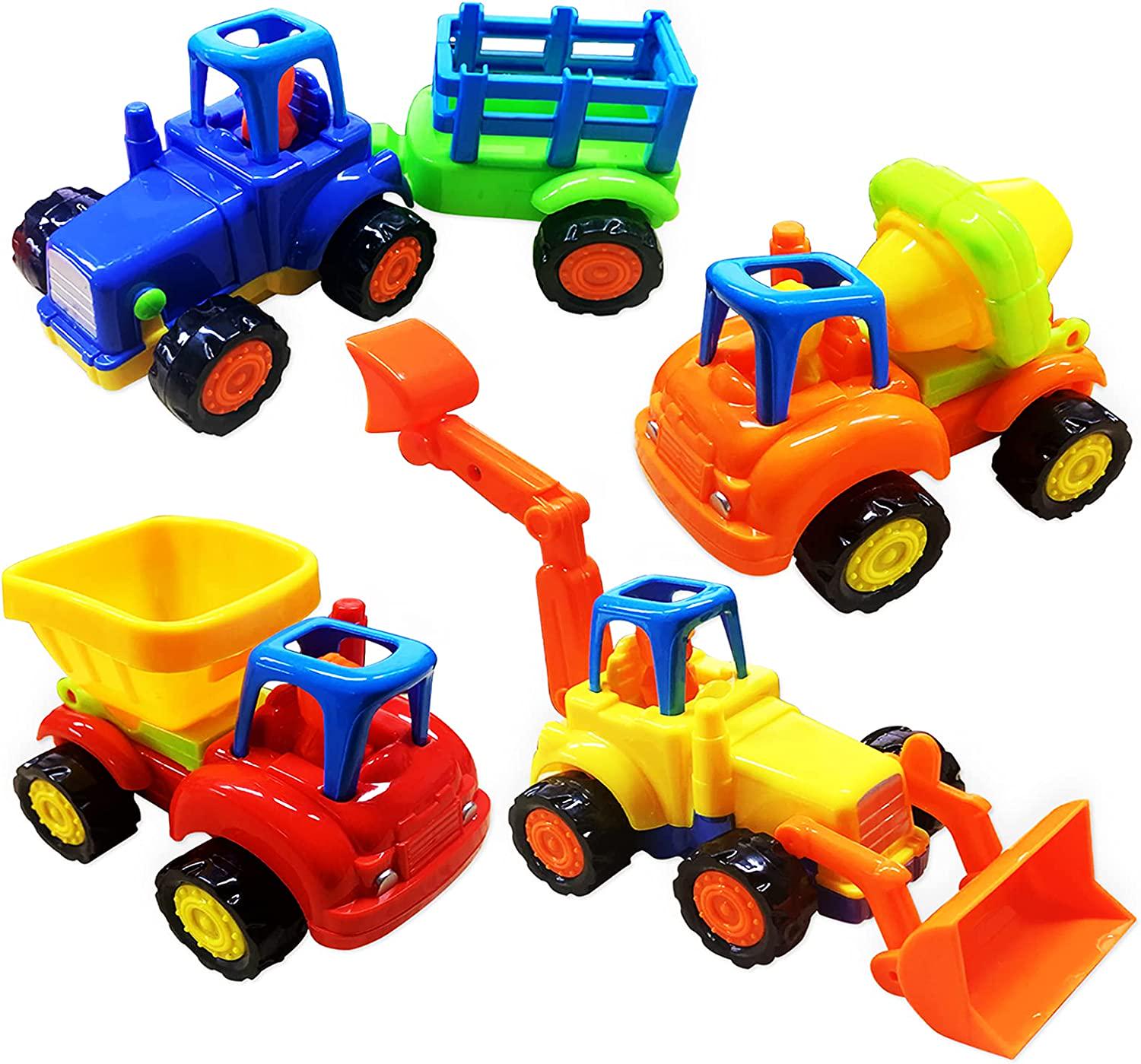 Obaba, Friction Powered Cars Toy Cars for 2,3 Year Push and Go Car Tractor Construction Vehicles Toy 4 Set Tractor, Bulldozer, Cement Mixer Truck, Dumper Early Education for Toddler Boy