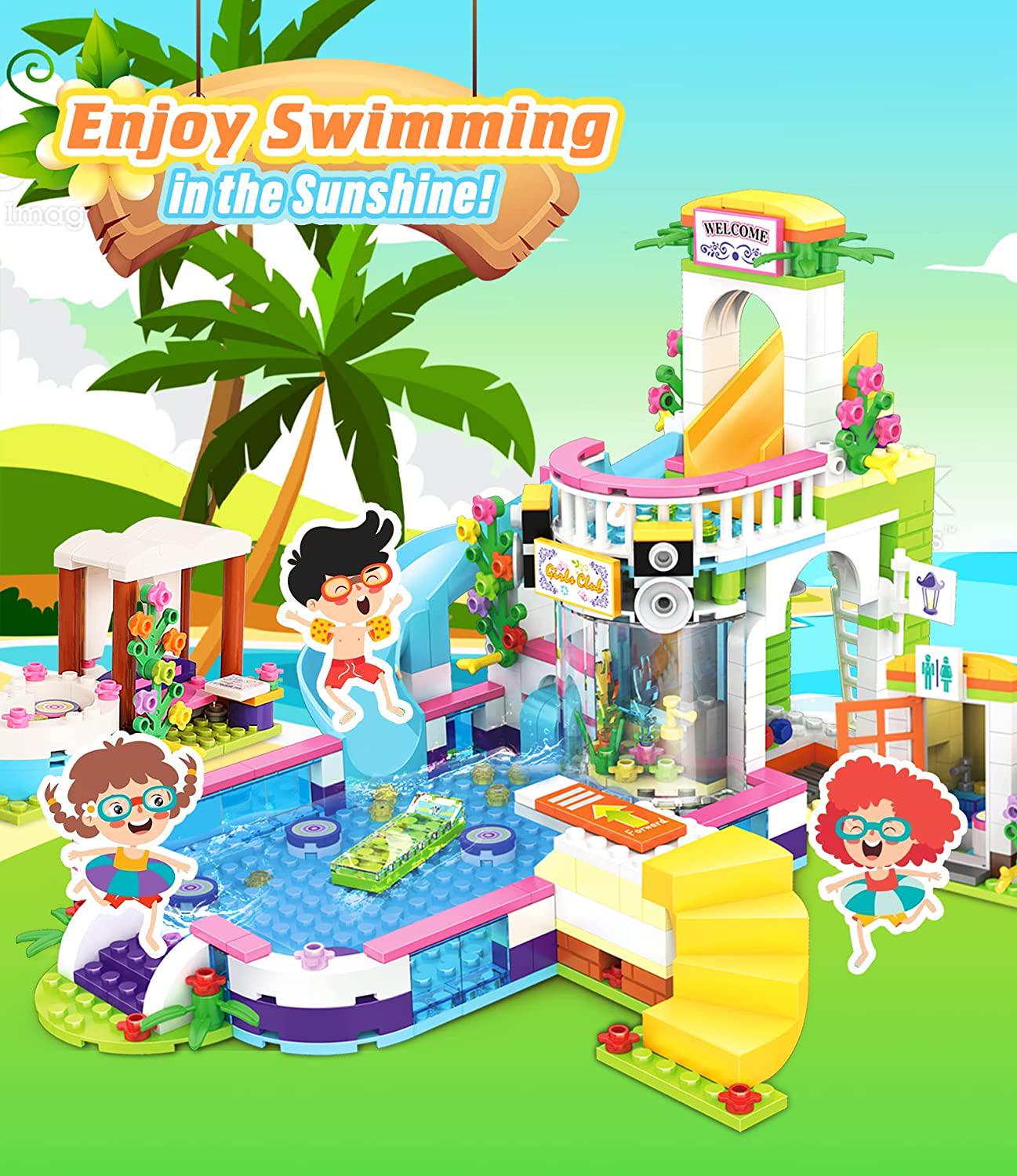 EP EXERCISE N PLAY, Friends Summer Pool Party Toy Pool Building Set for Girls 6-12, 1373 Pieces Hair Salon Creative Building Bricks Blocks Kit, STEM Learning and Roleplay Gift Pretend Play for Girl and Boy w/ Storage Box