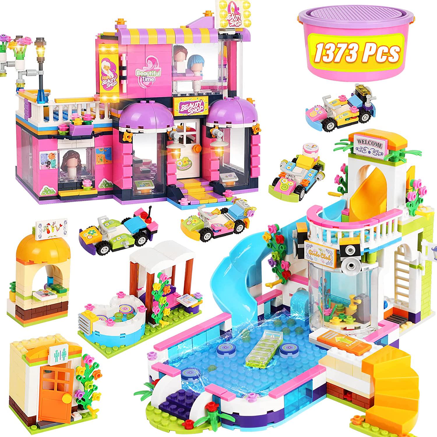 EP EXERCISE N PLAY, Friends Summer Pool Party Toy Pool Building Set for Girls 6-12, 1373 Pieces Hair Salon Creative Building Bricks Blocks Kit, STEM Learning and Roleplay Gift Pretend Play for Girl and Boy w/ Storage Box