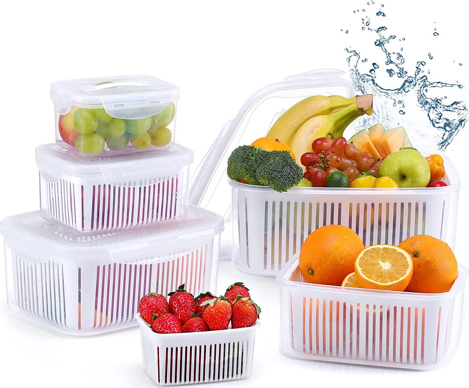 Luxear, Fruit Vegetable Produce Storage Saver Containers with Lid and Colander | LUXEAR 5 Packs BPA-Free Plastic Fresh Keeper Set | Refrigerator Fridge Organizer | for Salad Berry Lettuce Food Meat Fish Celery