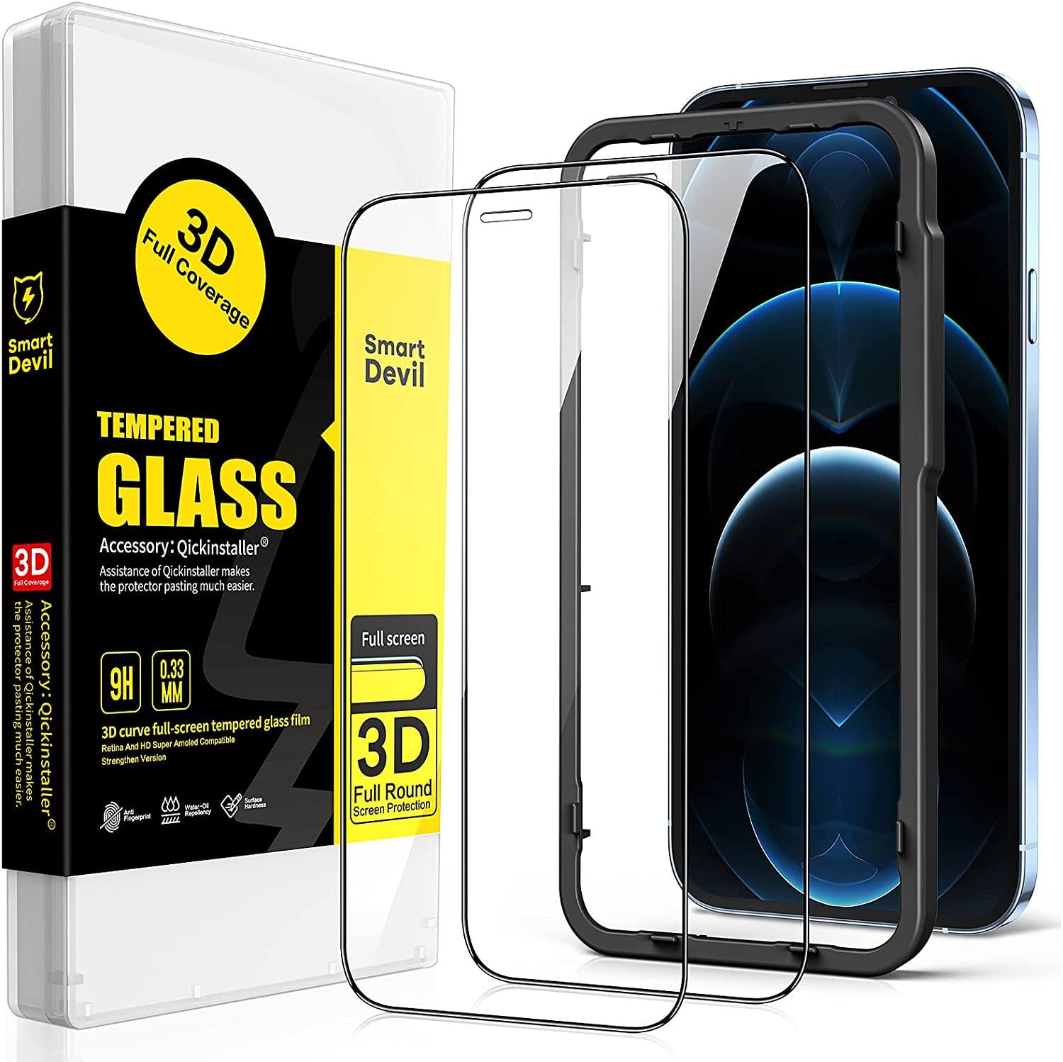 SmartDevil, Full-Coverage SmartDevil Screen Protector for iPhone 12 Pro Max Case Friendly Tempered Glass Film with Installation Frame, High Definition,9H Hardness Shockproof, Anti-Scratch -2 Pack