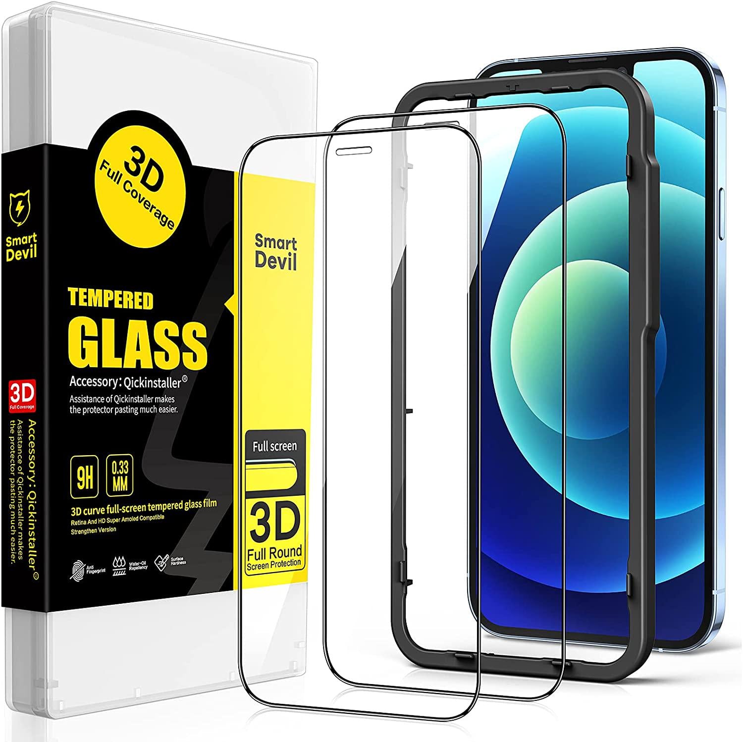 SmartDevil, Full Coverage SmartDevil Screen Protector for iPhone 12 and iPhone 12 Pro Case Friendly Tempered Glass Film with Installation Frame, High Definition,9H Hardness Shockproof, Anti-Scratch -2 Pack