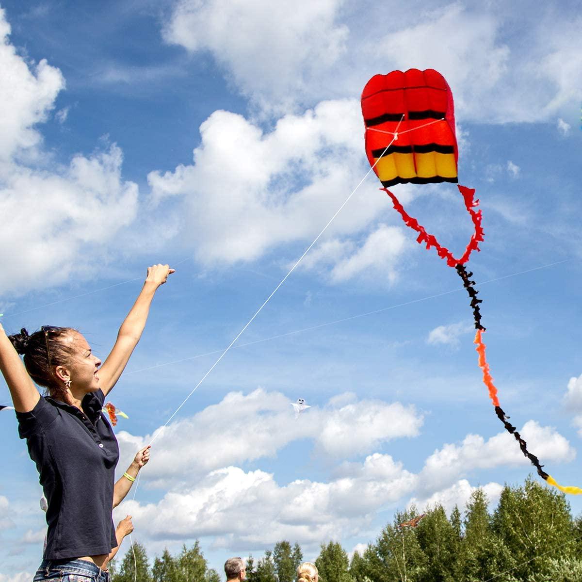 Fullfar, Fullfar Rainbow Parafoil Kite for Kids, Soft Nylon Material Kites with 196 inch/5m Long Y-Shaped Fuzzy/Fringed Tail. Good Pocket Kite for The Brach and Outdoor Activities. (red