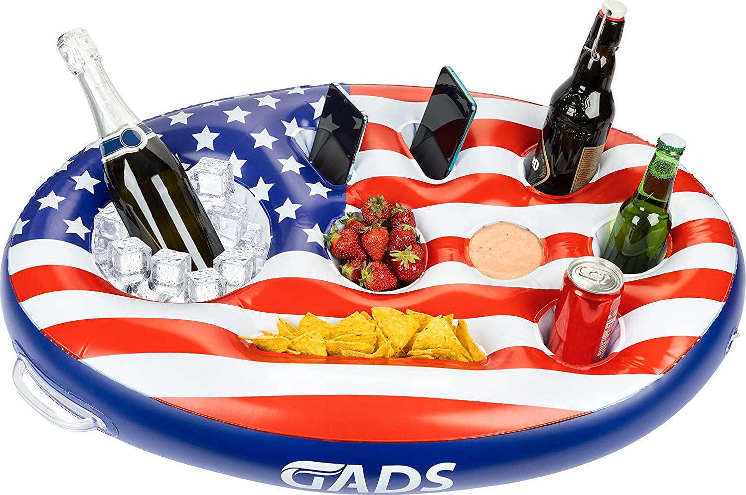 Gads, GADS Patriotic Floating Drink Holder - Fun Inflatable Pool Bar Drink Floats w/ Cup Holder and Tray, Great for Pools, Hot Tubs, Jacuzzi, Beach Party Accessories Floaties, American Flag 20x30 Inches