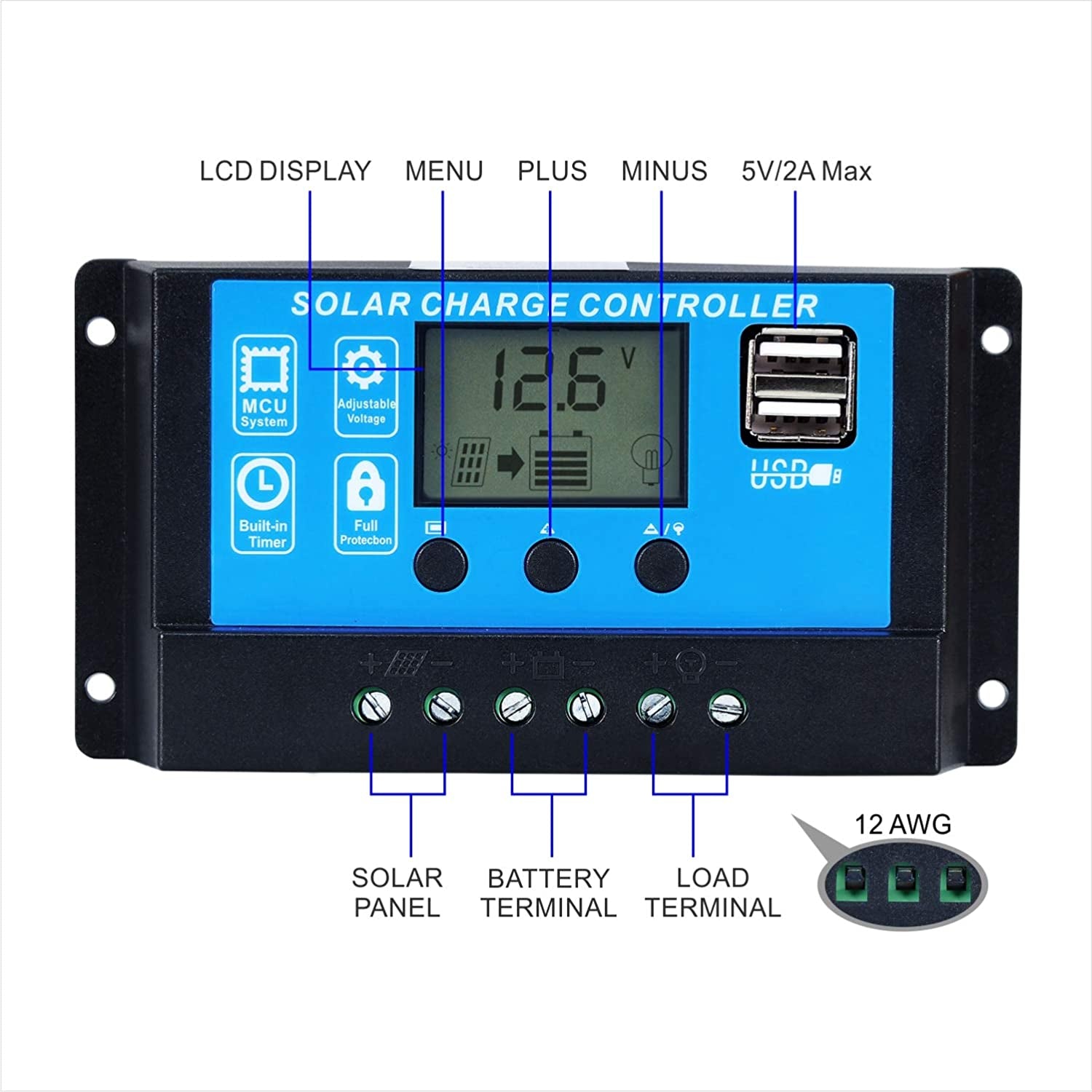 GCSOAR, GCSOAR Solar Panel Regulator Charge Controller with LCD Display, Dual USB Ports Overload Protection Timer Setting 10A 12V/24V (10A)