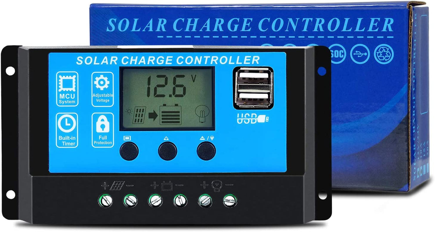 GCSOAR, GCSOAR Solar Panel Regulator Charge Controller with LCD Display, Dual USB Ports Overload Protection Timer Setting 10A 12V/24V (10A)
