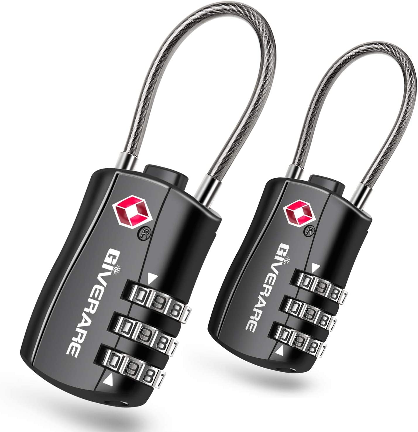 GIVERARE, GIVERARE 2 PCS TSA Approved Luggage Locks, Combination Travel Cable Lock, Re-Settable 3-Digit Padlocks with Alloy Body, Keyless Travel Sentry Accepted Padlock for Gym Locker, Golf Bag Case-Black