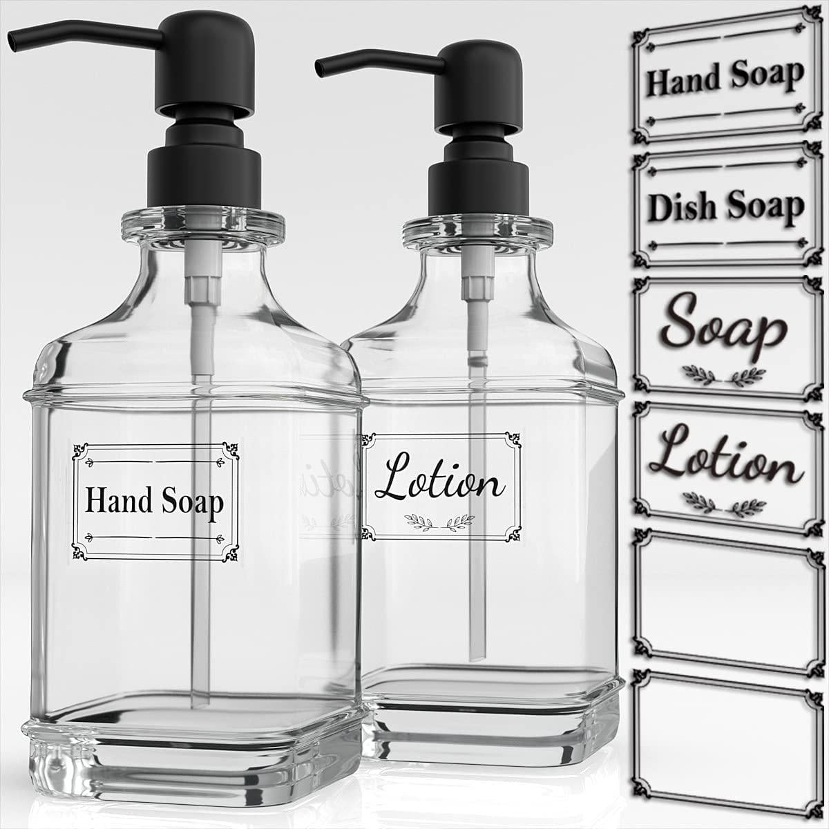 GLADPURE, GLADPURE Soap Dispenser - 2 Pack, 18 Oz Antique Design Thick Glass Hand Soap Dispensers; with 304 Rust Proof Stainless Steel Pump, 6Pcs Clear Stickers, for Kitchen, Bathroom - Black