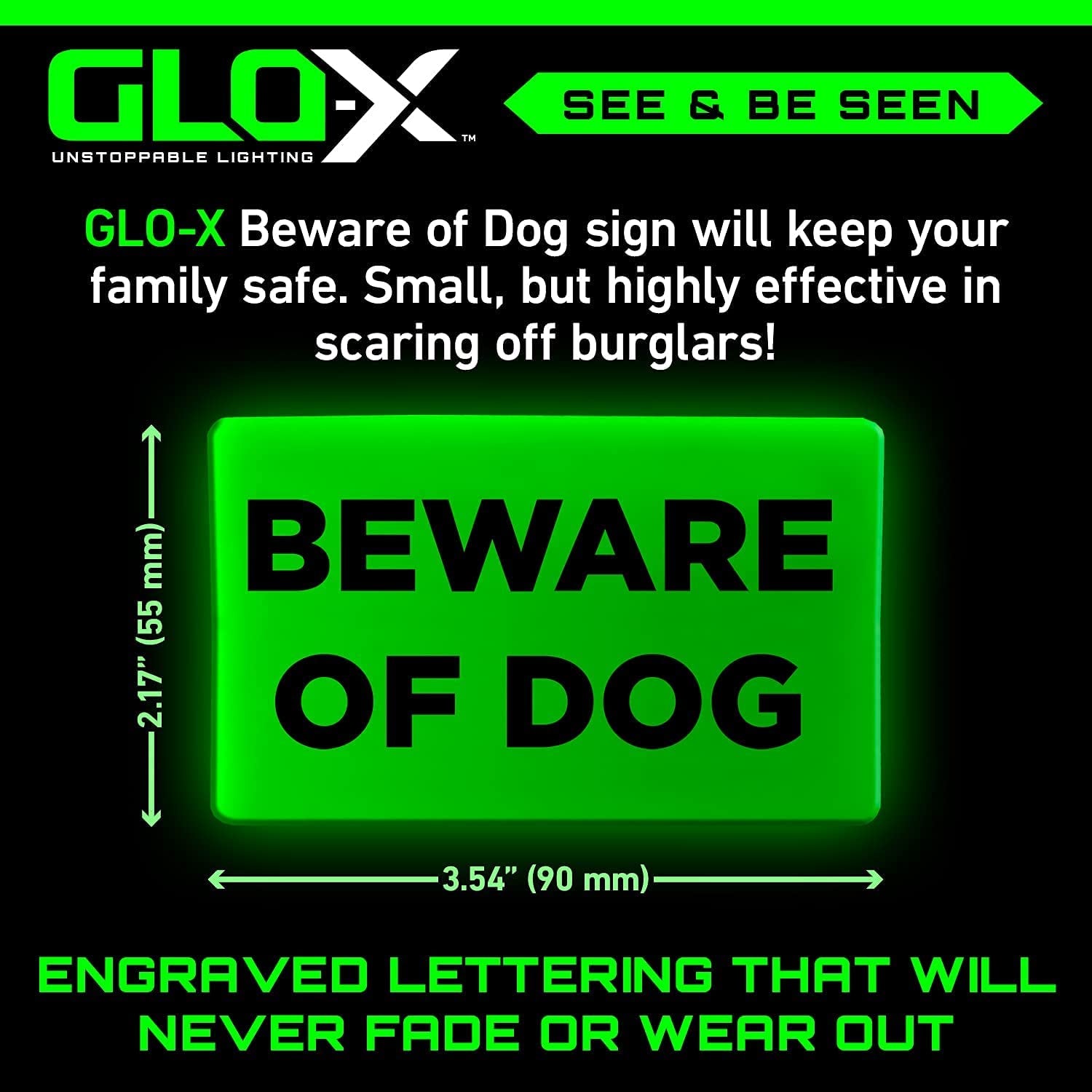 GLO-X, GLO-X Beware of Dog Sign - Glow in the Dark Animal Warning Sign - 12+ Hours Glow Time - Charges in Daylight - Easy to Mount- Indoor or Outdoor Use Unlimited Recharges - No Batteries Required (2.16” & 3.54”)