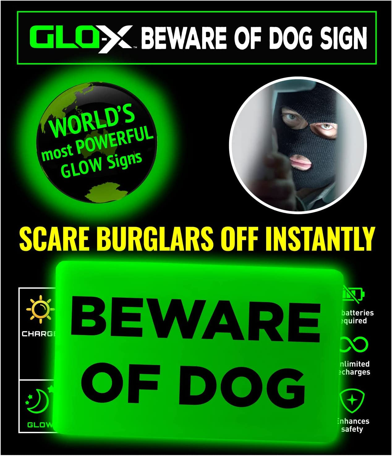GLO-X, GLO-X Beware of Dog Sign - Glow in the Dark Animal Warning Sign - 12+ Hours Glow Time - Charges in Daylight - Easy to Mount- Indoor or Outdoor Use Unlimited Recharges - No Batteries Required (2.16” & 3.54”)