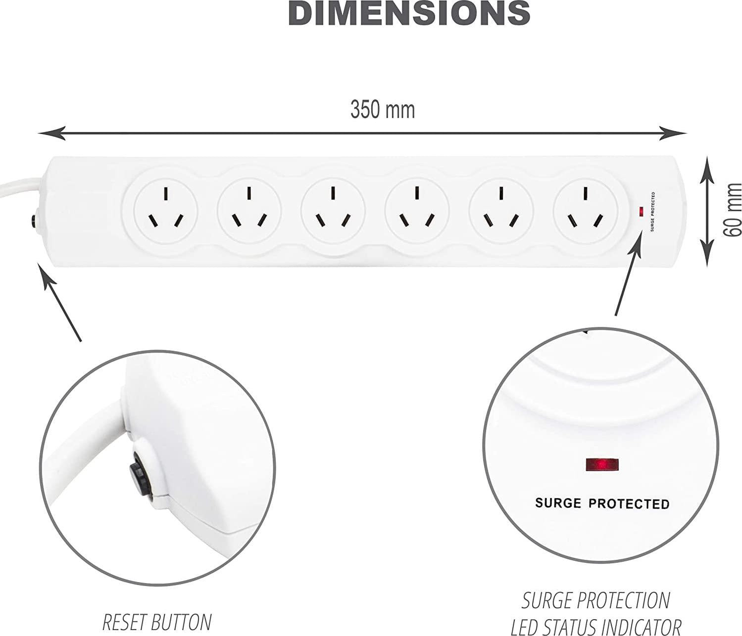 GOLINX, GOLINX 6 Outlet Power Board with Surge Protection, 1m Extension Cable and 10A Overload Protection. White Colour. SAA Approved for use in Australia and New Zealand