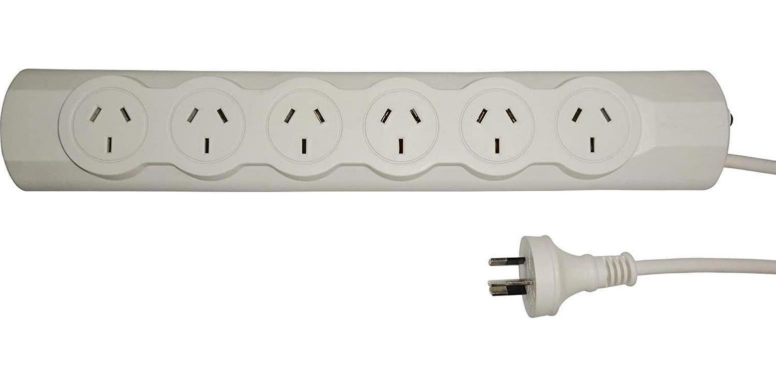 GOLINX, GOLINX 6 Outlet Powerboard with 1m Cable and 10A Overload Protection. White colour. SAA approved for use in Australia and New Zealand