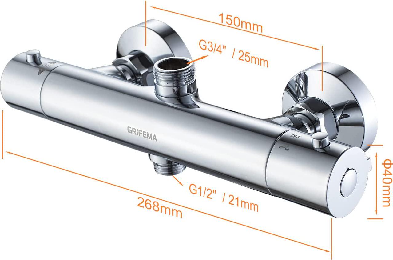 GRIFEMA, GREIFEMA G17005 Thermostatic Shower Mixer Bar Wall Mounted Bath Shower Mixer Valve Anti Scald Intelligent Constant Temperature Tap with 3/4 (26mm) Top Outlet and 1/2 (21mm) Bottom Outlet