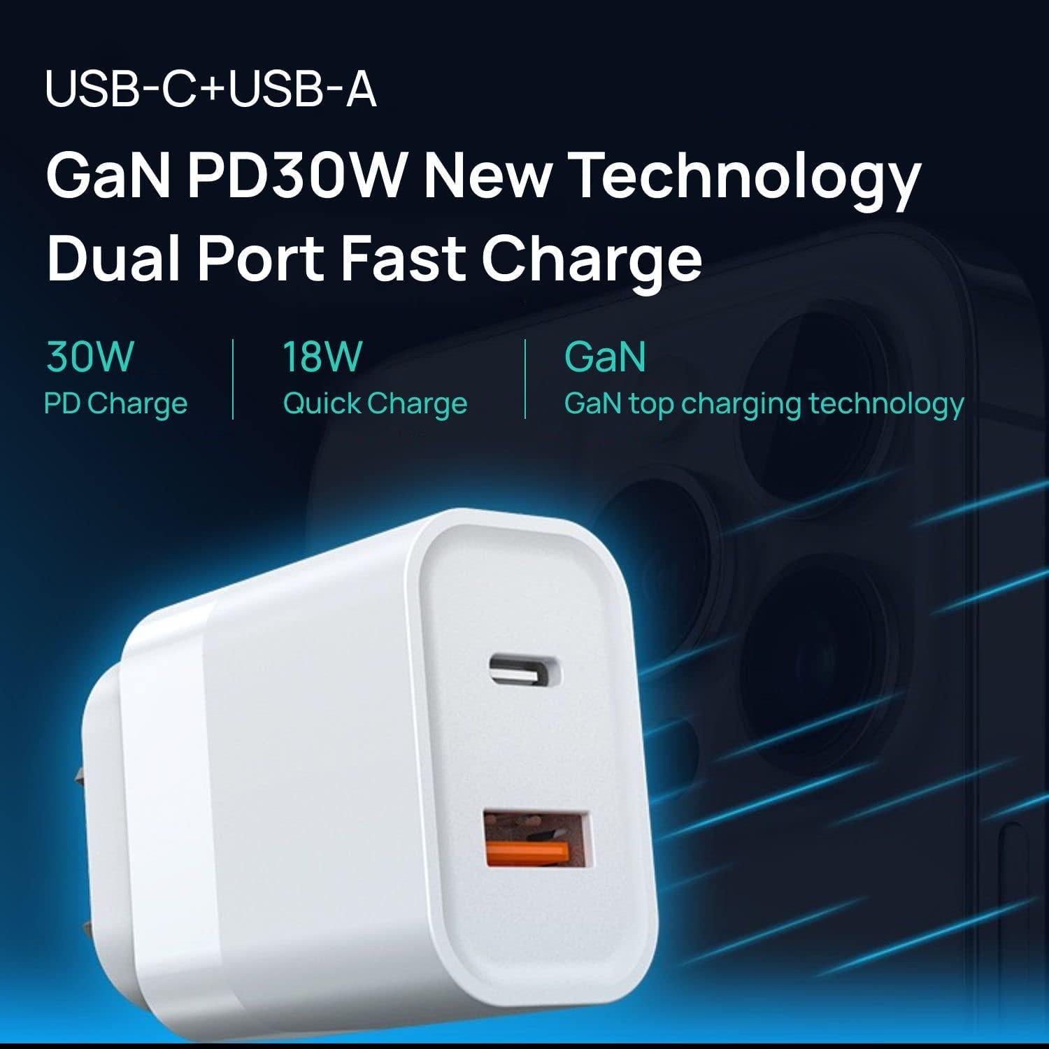 Erunto, GaN 30W Fast Charger,AU Plug USB C Charger,2-Port Wall Charger with 30W Power Delivery USB-C and 18W Quick Charge 3.0 USB-A Port Compatible with iPhone 14/13,Samsung, iPad, AirPod and More