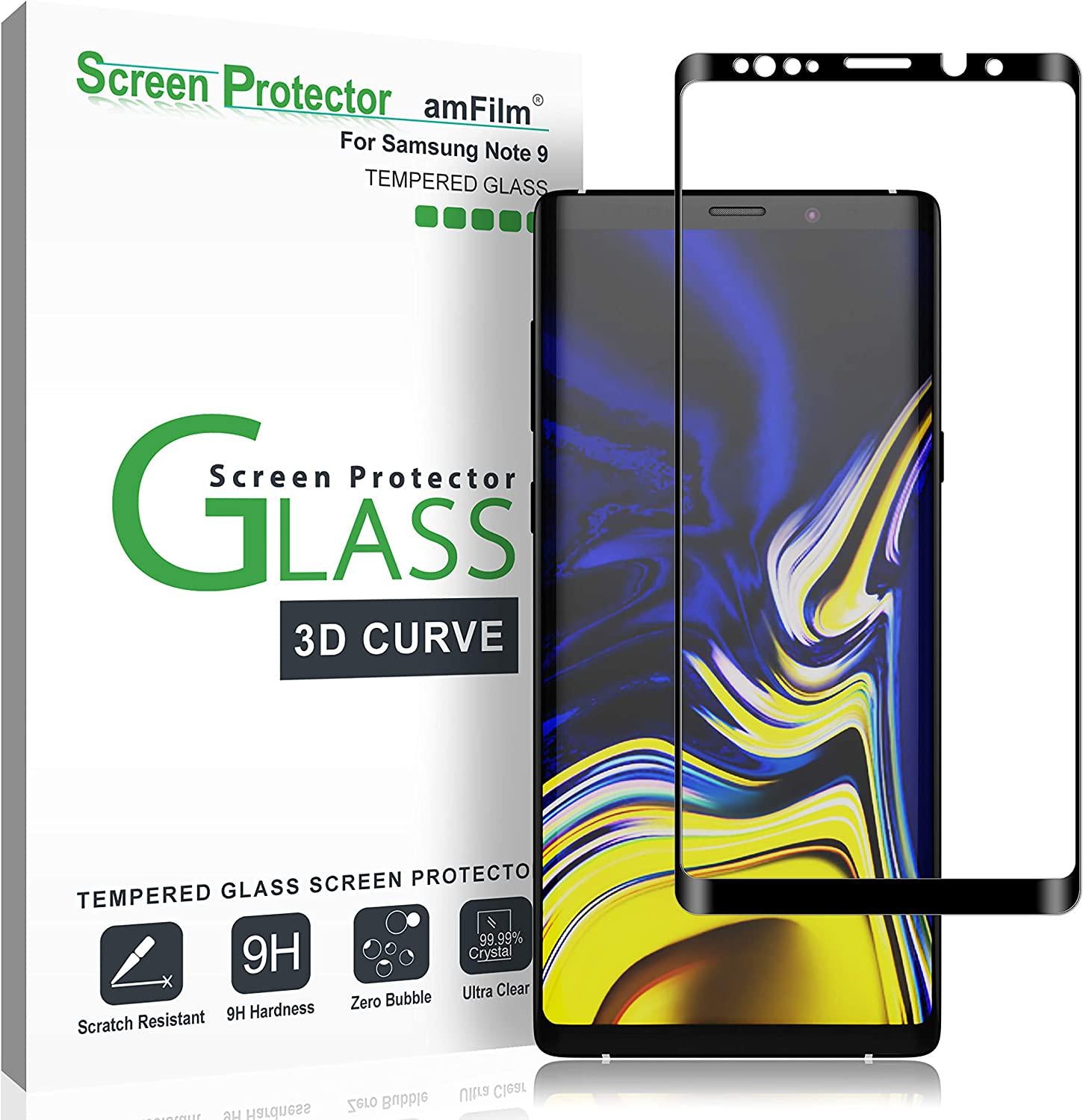 amFilm, Galaxy Note 9 Screen Protector Glass, amFilm Full Cover (3D Curved) Tempered Glass Screen Protector with Dot Matrix for Samsung Galaxy Note 9 (Black)