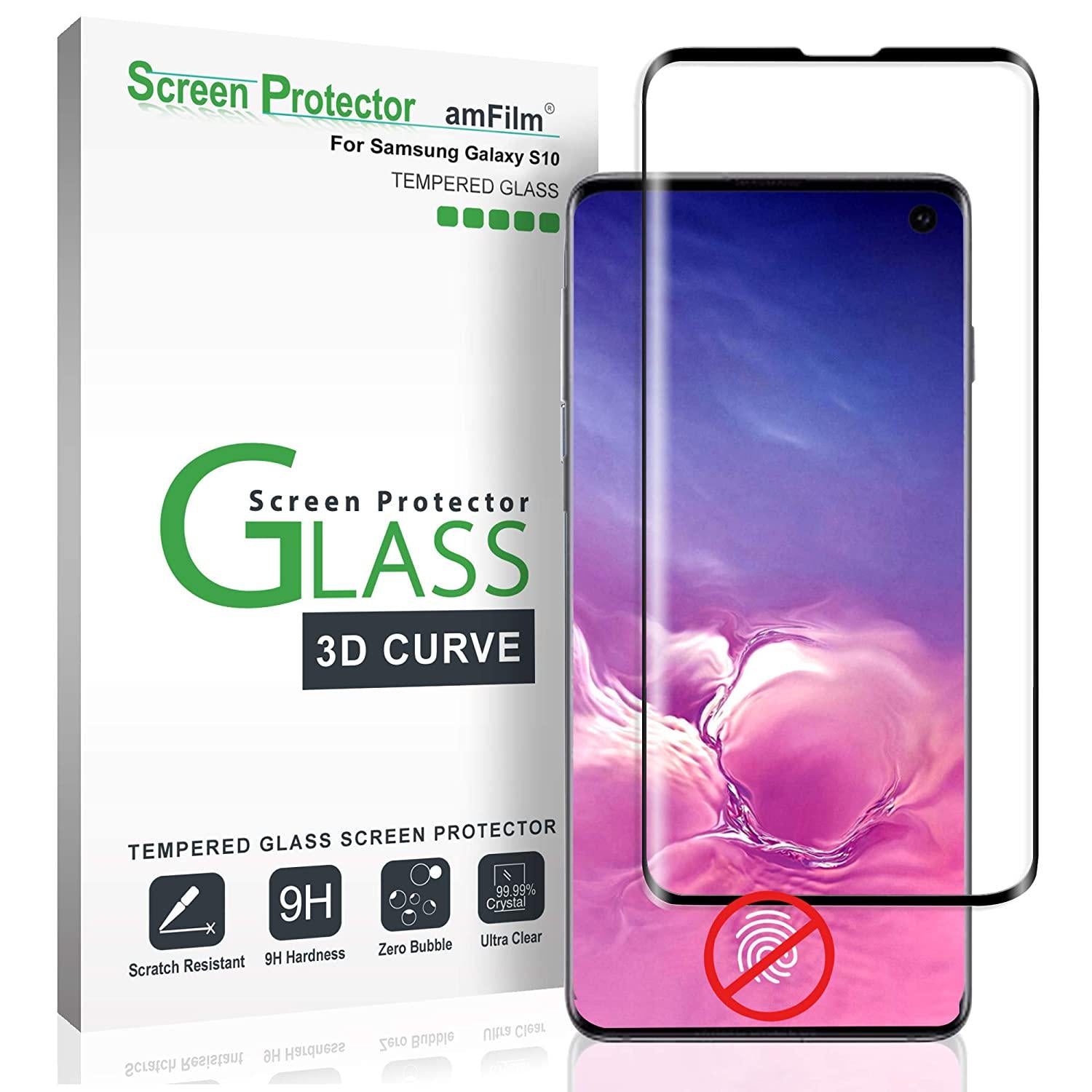 amFilm, Galaxy S10 Screen Protector Glass, amFilm Full Cover (Not Compatible with Fingerprint Scanner) Tempered Glass Screen Protector Film with Dot Matrix for Samsung Galaxy S10 (Black)