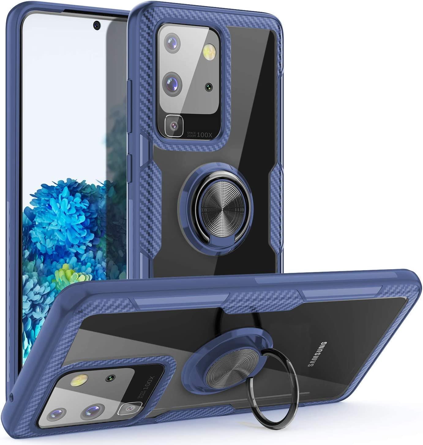 SQMCase, Galaxy S20 Ultra Case, Samsung Galaxy S20 Plus Case,Carbon Fiber Design Anti-Fingerprints Crystal Clear Cover with Rotation Finger Ring Kickstand [Work with Magnetic Car Mount], Blue