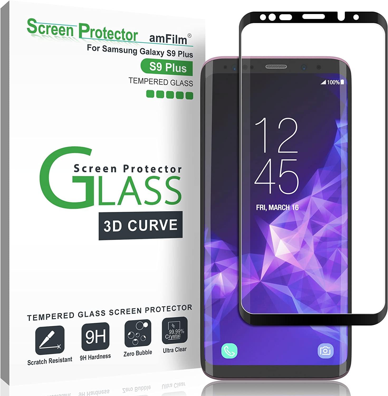 amFilm, Galaxy S9 Plus Screen Protector Glass, amFilm Full Cover (3D Curved) Tempered Glass Screen Protector with Dot Matrix for Samsung Galaxy S9+ (Black)