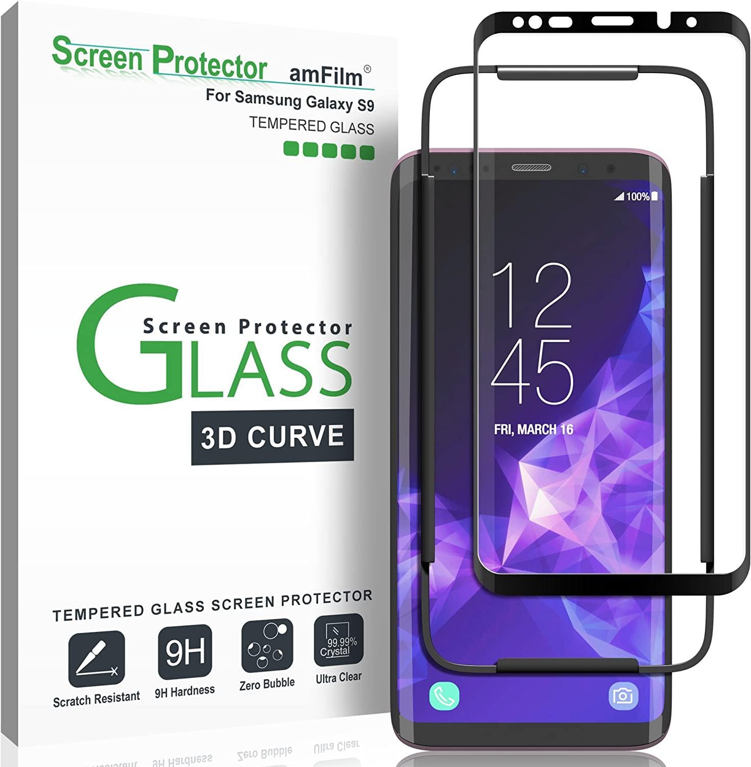 amFilm, Galaxy S9 Screen Protector Glass, amFilm Full Cover (3D Curved) Tempered Glass Screen Protector with Dot Matrix for Samsung Galaxy S9 (Black)