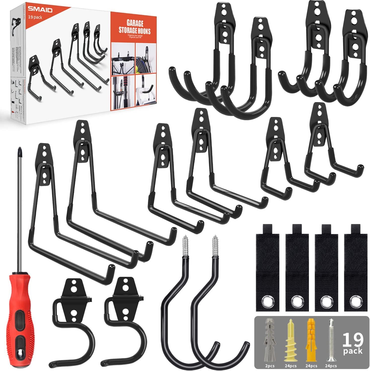 Smaid, Garage Hooks, 19 Pack Heavy Duty Garage Storage Hooks Steel Tool Hangers for Garage Wall Mount Utility Hooks and Hangers with Anti-Slip Coating for Garden Tools Organizer, Ladders, Bikes, Bulky Items