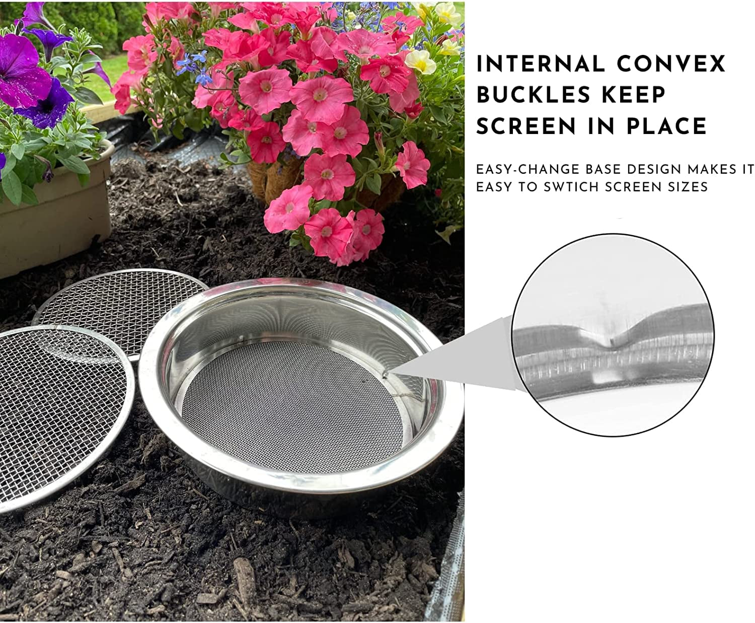 SOIL SIFTER, Garden Sieve Sifting Soil Sifter - Stainless Sieve,Φ9.5In Garden Sifter Interchangeable Sifting Pan Contain 3 Specification Soil Sieve,Soil Scoops Dirt Sifter for Sifting Soil,Peat Moss and More.