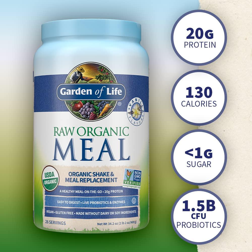 Garden of Life, Garden of Life Meal Replacement - Organic Raw Plant Based Protein Powder, Vanilla, Vegan, Gluten-Free, 34.2oz (969g) Powder