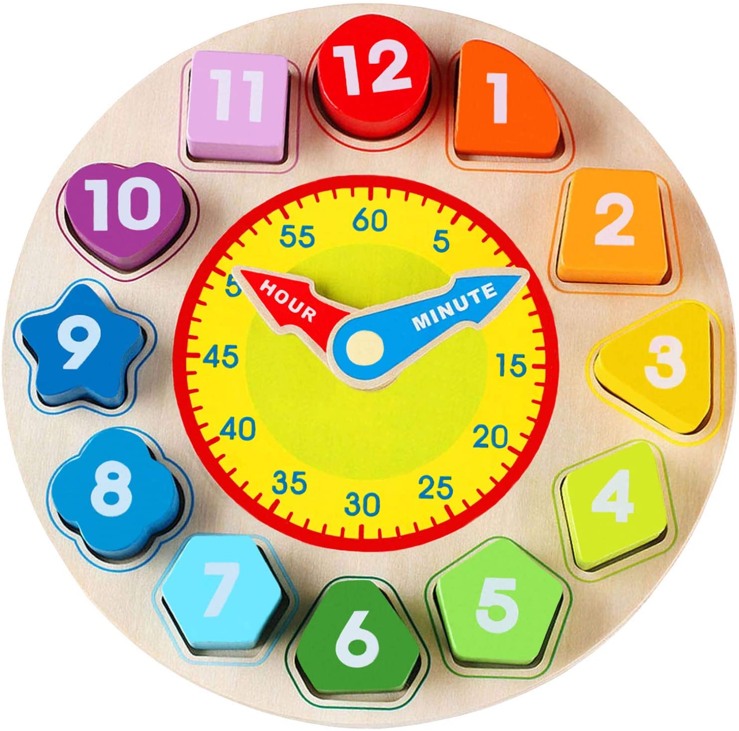 Garlictoys, Garlictoys Wooden Shape Color Clock Puzzle-Teaching Time Sorting Number Blocks, Stacking Sorter Jigsaw Montessori Early Learning Montessori Educational Toy Gift for3+ Year Old Toddler Baby Kids