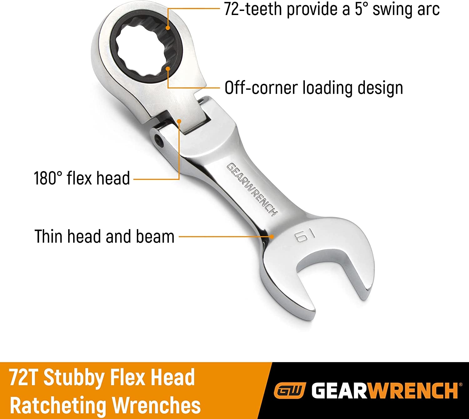 GEARWRENCH, Gearwrench 12 Point Stubby Flex Head Ratcheting Combination Wrench, 17 Mm Size
