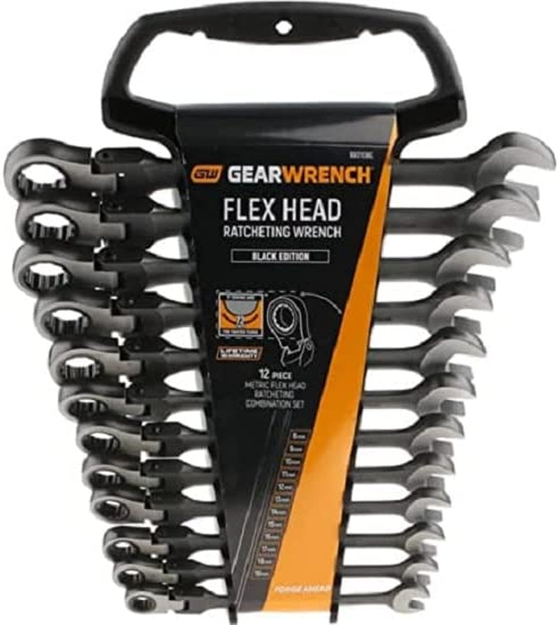 GEARWRENCH, Gearwrench 9901DBE 12 Point Flex Head Ratcheting Combination Metric Wrench/Spanner, Black, 8-19 Mm, Set of 12 Piece