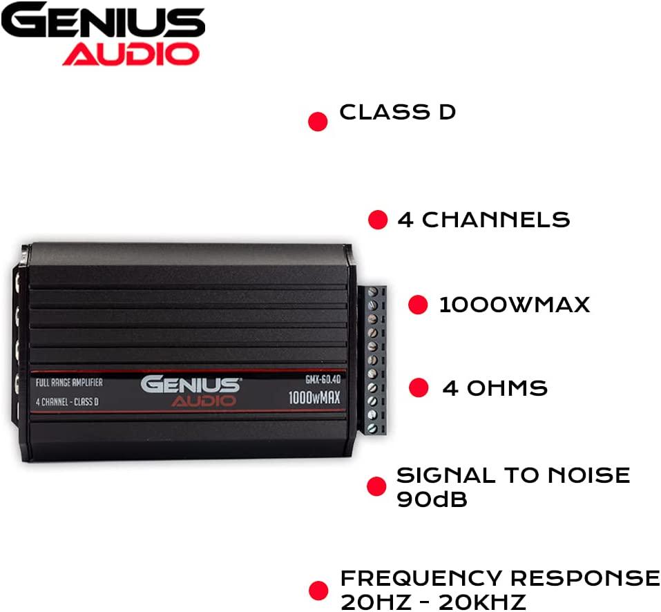 Genius, Genius Audio GMX-60.4D Mini Extreme Nano Compact Car Audio Amplifier 4 Channel 1000 Watts Max Class D 2-Ohm Stable with Power Protection System and Bass Boost for Speaker and Woofer Performance