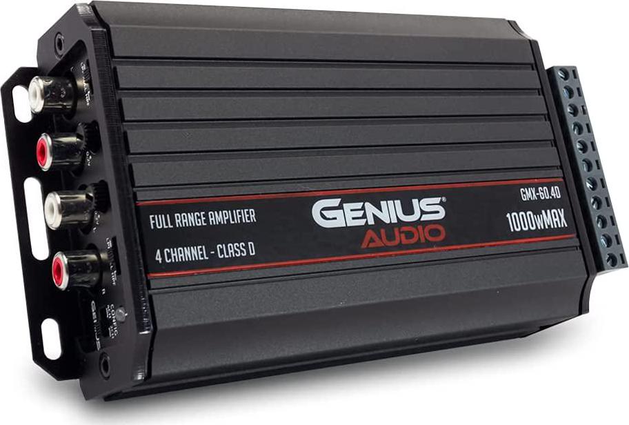 Genius, Genius Audio GMX-60.4D Mini Extreme Nano Compact Car Audio Amplifier 4 Channel 1000 Watts Max Class D 2-Ohm Stable with Power Protection System and Bass Boost for Speaker and Woofer Performance