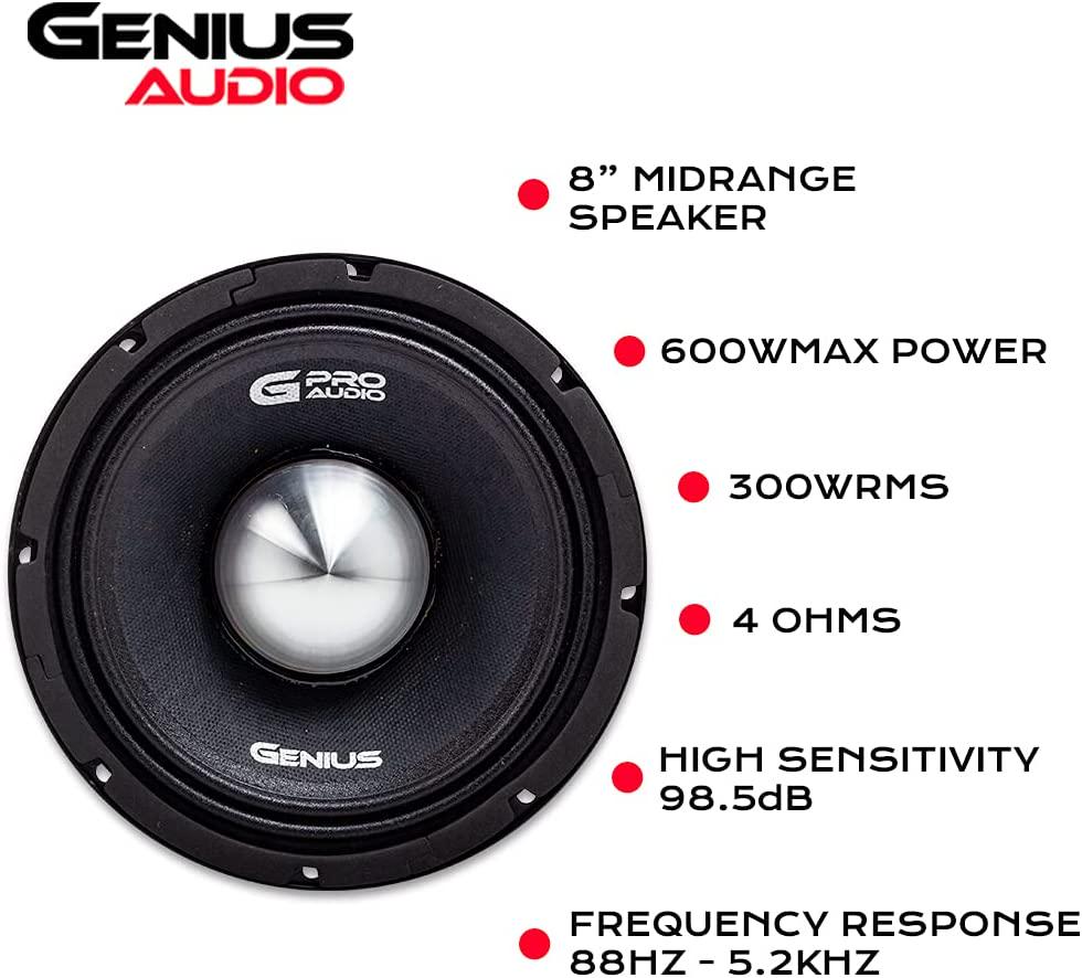 Genius, Genius Audio GPRO-M178 8 , 600 Watts Max - 300 Watts RMS, High Power Pro Audio Midrange Speakers, Aluminium Bullet Car Audio Speaker, Ferrite Magnet, 4 Ohm, Reinforced Paper Cone (1 Speaker)