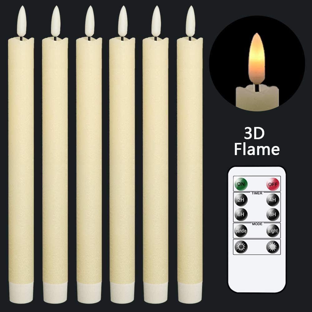 GenSwin, Genswin Flameless White Taper Candles Flickering with 10-Key Remote, Battery Operated Led Warm 3D Wick Light Window Candles Real Wax Pack of 6, Christmas Home Wedding Decor(0.78 X 9.64 Inch)