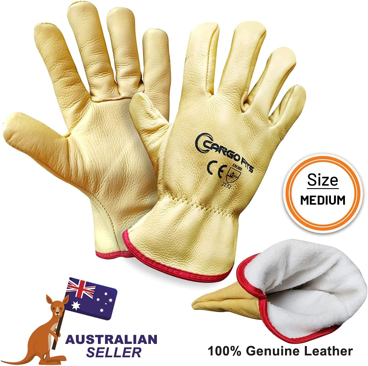 Cargo Fits, Genuine Premium Leather Work Gloves with Fleece Lined Thermal Cold Work Heavy Duty - Medium Size