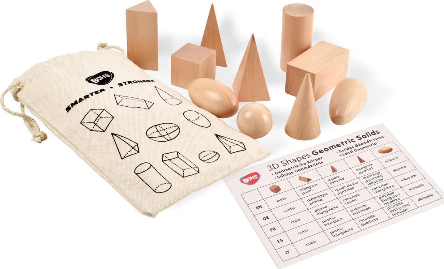 BOHS, Geometry Solids Guess Game - 3D Shapes Miniature Set -Wooden Montessori Toys - Pack of 10pcs - Ages 3 and Up