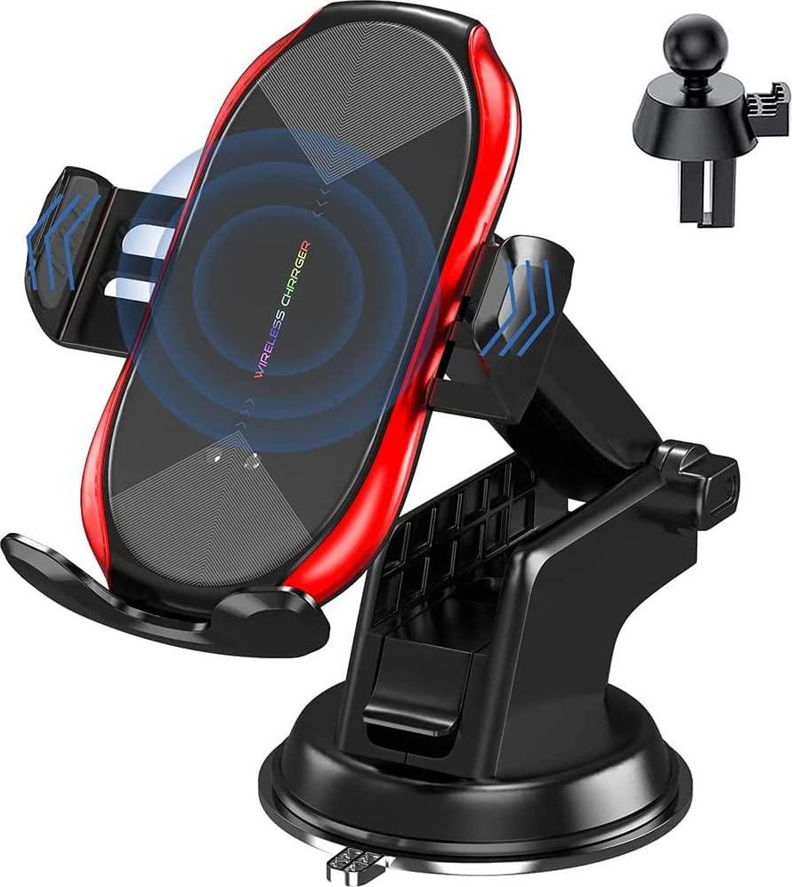 Gernian, Gernian Car Charger,10W Qi Fast Charging Auto-Clamping Car Phone Holder, Long Arm Suction Cup Holder for -Red