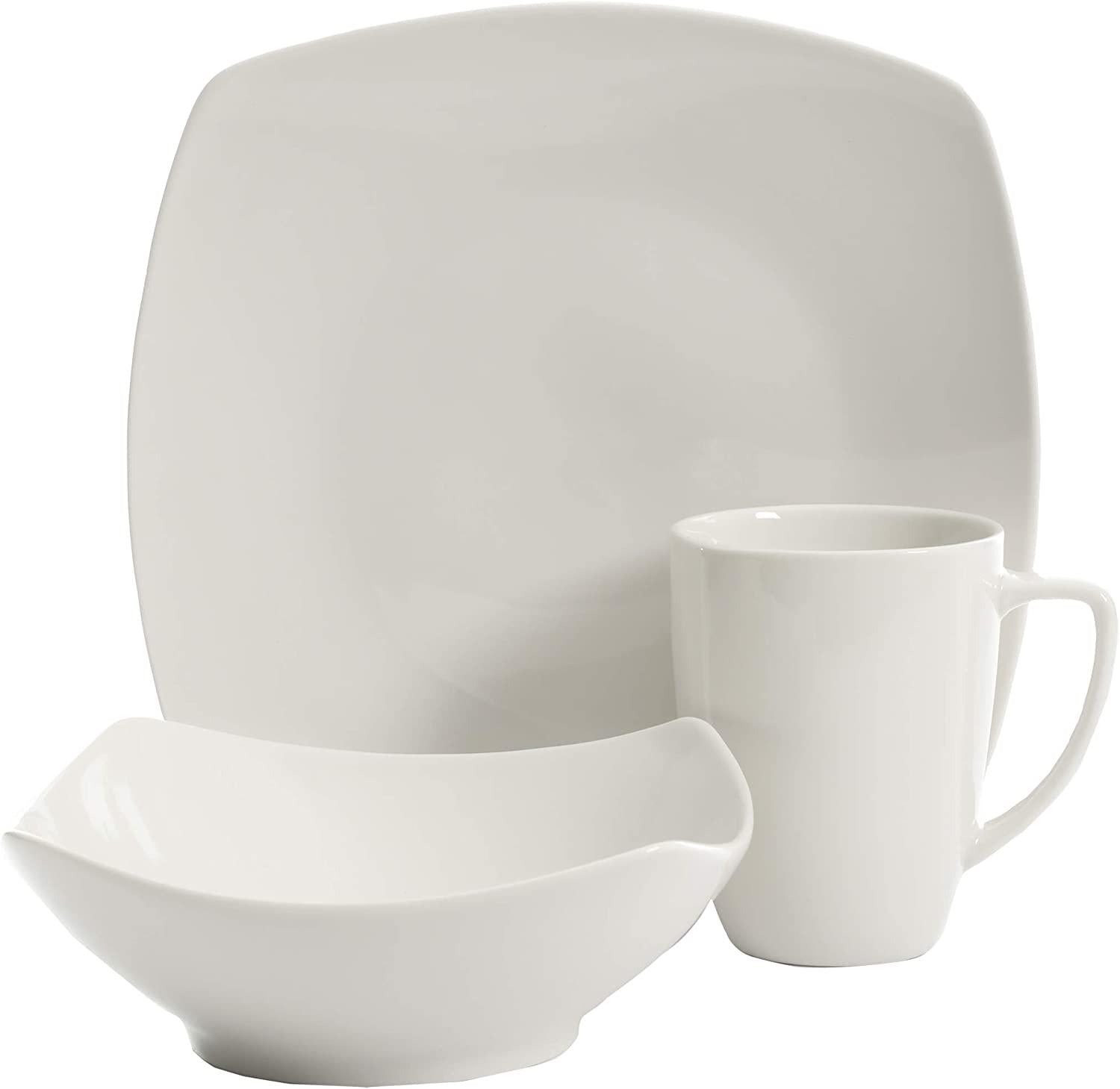 Gibson Home, Gibson Home Amelia Court Porcelain Dinnerware Set, Service for 4 (12pcs), White (Soft Square)