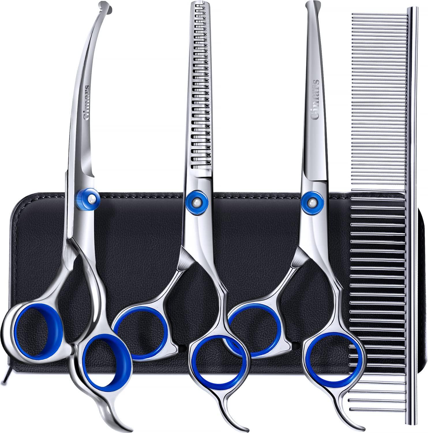 Gimars, Gimars Titanium Coated 3CR Stainless Steel Dog Grooming Scissors Kit, Heavy Duty Pet Grooming Trimmer Kit - Thinning, Straight, Curved Shears with Comb for Long and Short Hair, Fur for Cat and More Pets
