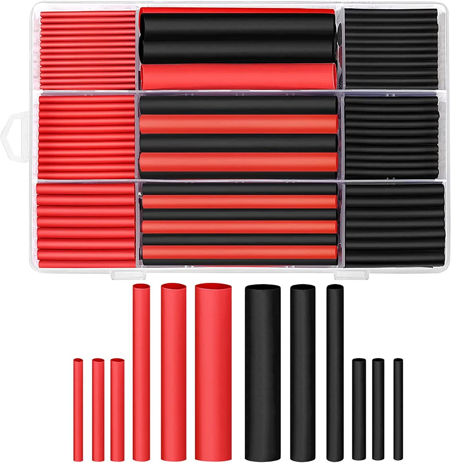 Ginsco, Ginsco 270Pcs 3:1 Shrink Ratio Dual Wall Adhesive Lined Heat Shrink Tubing Tube 6 Size 2 Color Kit Black Red