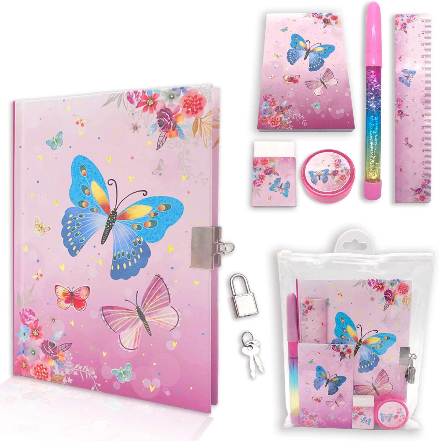 GINMLYDA, Girls Diary with Lock for Kids, Girls Journal School Gift Set with 7.1x5.3 Inches Notebook Memo Pad Multicolored Pen Ruler Sharpener Eraser (Butterfly)