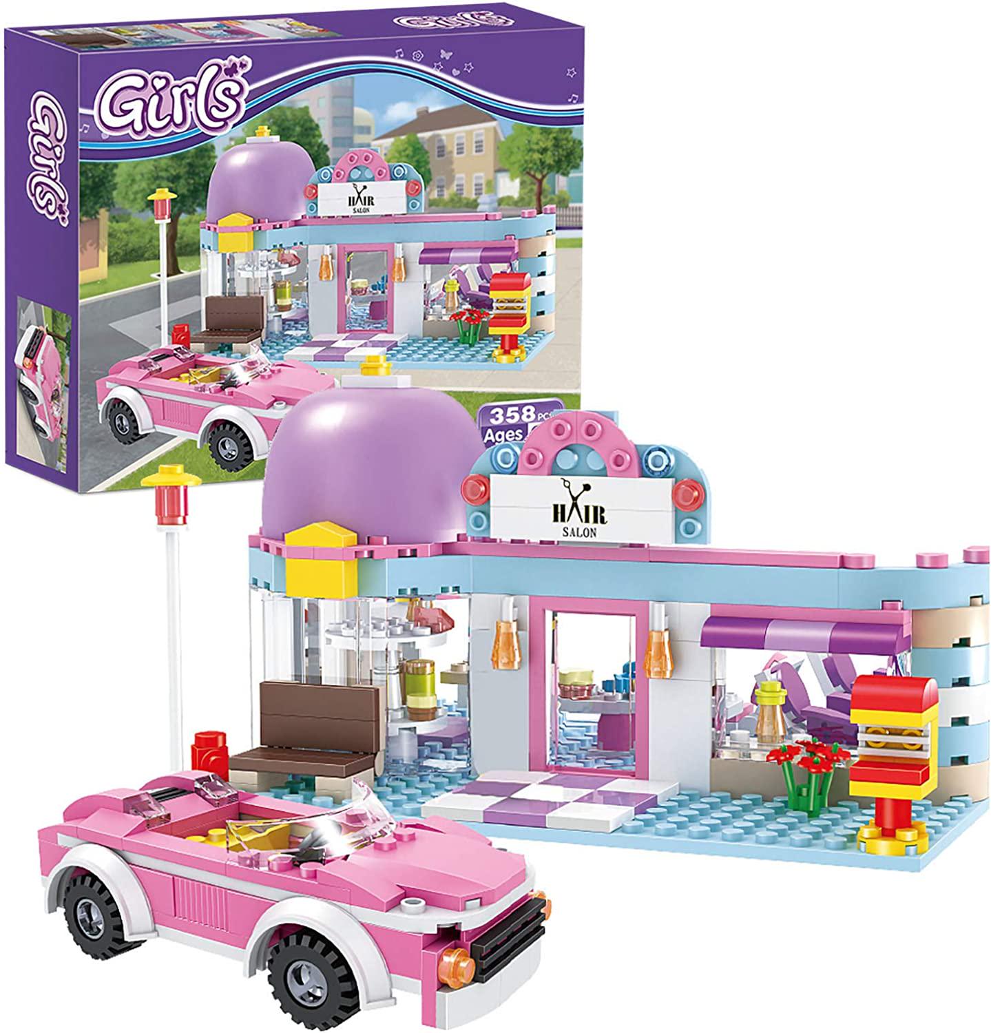 BRICK STORY, Girls Friends Hair Salon Building Blocks Toys 358 Pieces Shampoo Bed Swivel Chair Counter Pink Convertible Car Bricks Toys for Girls 6-12 Education Construction Play Set for Kids 4545